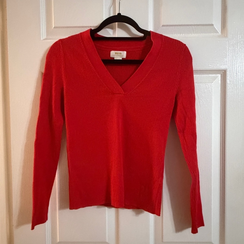 Maeve Anthropologie Red Ribbed V Neck Sweater Womens XS Fitted Knit Top